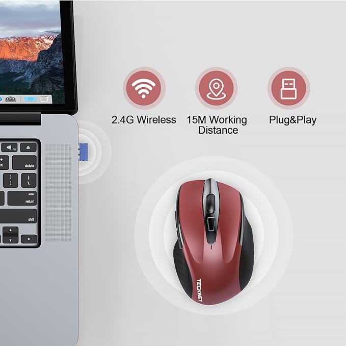 TECKNET Wireless Mouse Rechargeable, 2.4G USB-A Silent Mouse, Quiet Click, 6 Adjustable 4800 DPI, Cordless Computer Mice, Ergonomic Mice for Laptop, 6 Buttons for Chromebook, Ergo Grip - Red