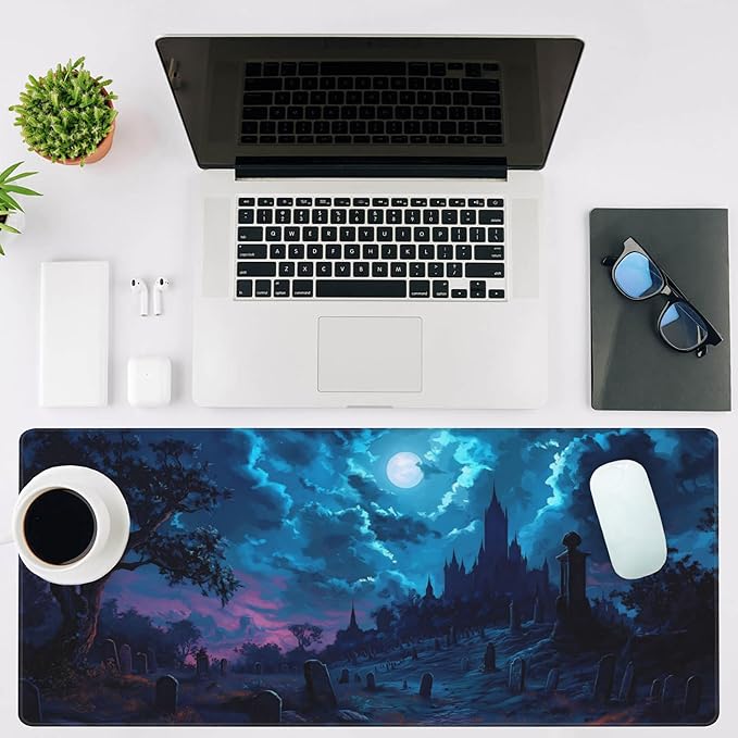 NIYLYNSYN Mouse Pad Large Gothic Graveyard Non-Slip Game Desk Mat with Stitched Edge Laptop Keyboard Desk Pad for Work Home Gaming (35.4 x 15.7 Inches)