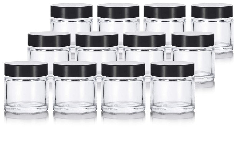 1 oz / 30 ml Clear Thick Wall Glass Jar with Black Lids (12 Pack) Airtight, Smell Proof