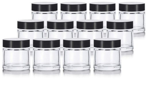 1 oz / 30 ml Clear Thick Wall Glass Jar with Black Lids (12 Pack) Airtight, Smell Proof