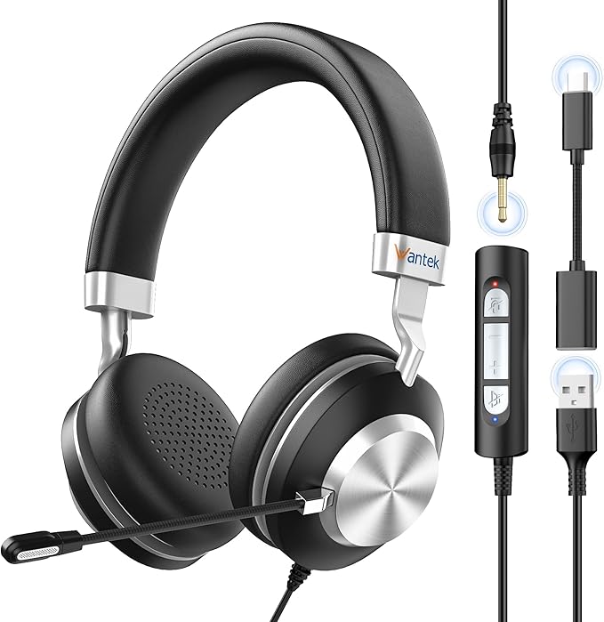 Wantek USB Headset with Microphone for PC, On-Ear Computer Headphones with Noise Cancelling Mic, Mute & Volume Control, USB/USB-C/3.5mm Wired Headset for Teams, Zoom, Online Meetings, Home Office