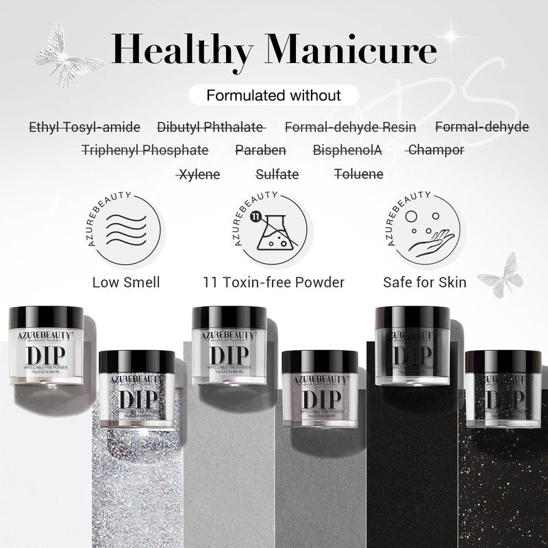 AZUREBEAUTY Dip Powder Nail Basic Set White Black Silver Grey Pure Sparkle 6 Colors All Seasons Dipping Powder Starter Kit French Nail Art Manicure DIY Salon for Women, No Need Nail Lamp Cured