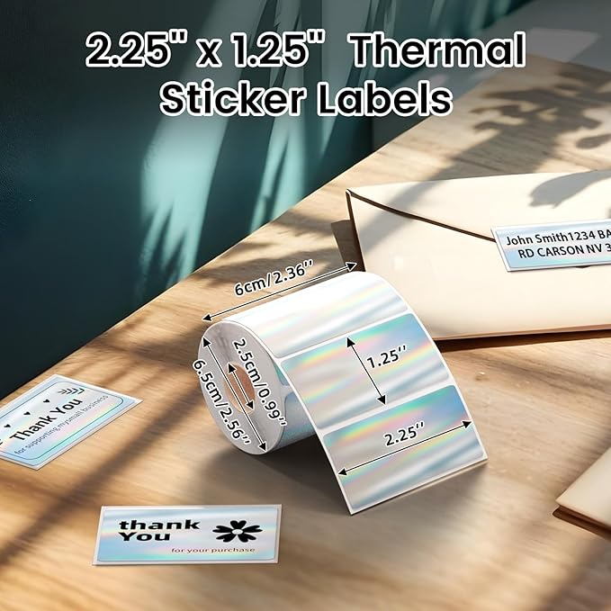Omezizy 2.25x1.25 Inch Thermal Labels Sliver, Holographic Sliver Barcode Thermal Labels for Thermal Printer and Small Business, Multi-Purpose Rectangle Stickers, 500 Sheets/Roll
