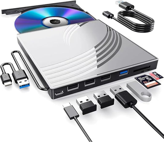 BPAKDU External CD/DVD Drive for Laptop, Ultra Slim CD Burner USB 3.0 Hub with 4 USB Ports, 2 TF/SD Card Slots,1 Type-C Port,DVD Player for Laptop Compatible with mac OS/Windows/Linux (Silver)