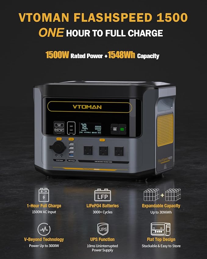 VTOMAN FlashSpeed 1500 Portable Power Station 1548Wh - Recharge 0-100% within 1H, LiFePO4 Battery Powered Solar Generator with 110V/1500W AC Output/Input, 100W USB Port for Camping, Emergency
