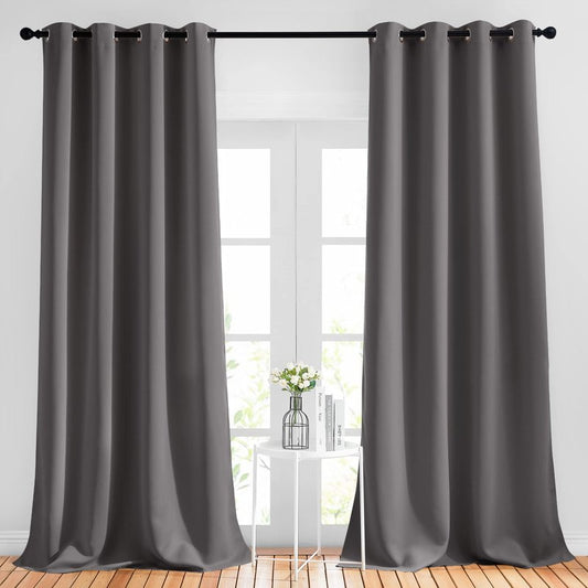NICETOWN Bedroom Grey Blackout 120 inch Curtains - Triple Weave Energy Saving Thermal Insulated Solid Grommet Blackout Draperies for Patio, W52 x L120, 2 Panels
