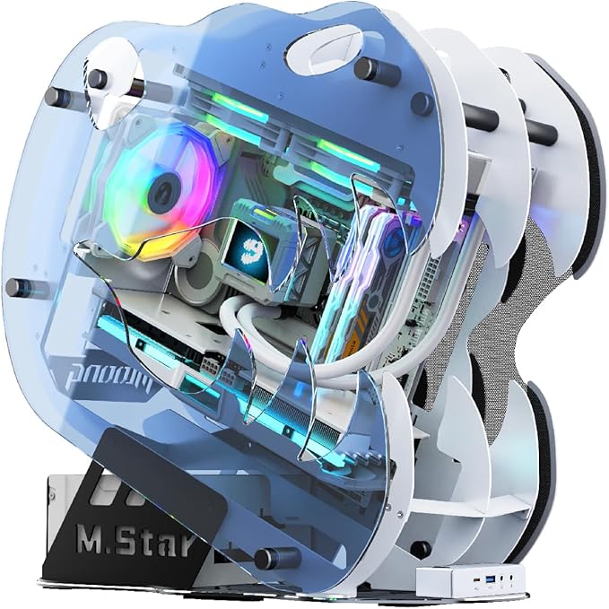 MegaPC Upgraded Open-Frame Mid-Tower Micro-ATX/Mini-ITX Gaming PC Case, Tempered Glass Side Panel, Pre-Installed ARGB PWM Fan, with USB3.0, Type-C, 240mm Radiator Support (Upgrade White)