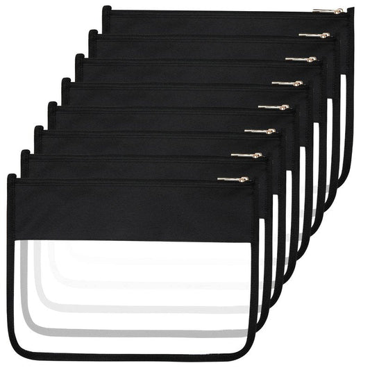 Teling 8 Pieces Clear Makeup Bags DIY Chenille Letter Pouch Clear Zipper Pouches Travel PVC Oxford Cloth Cosmetic Portable Waterproof Makeup Storage Bag Toiletry Snack Organizer for Women Girls, Black