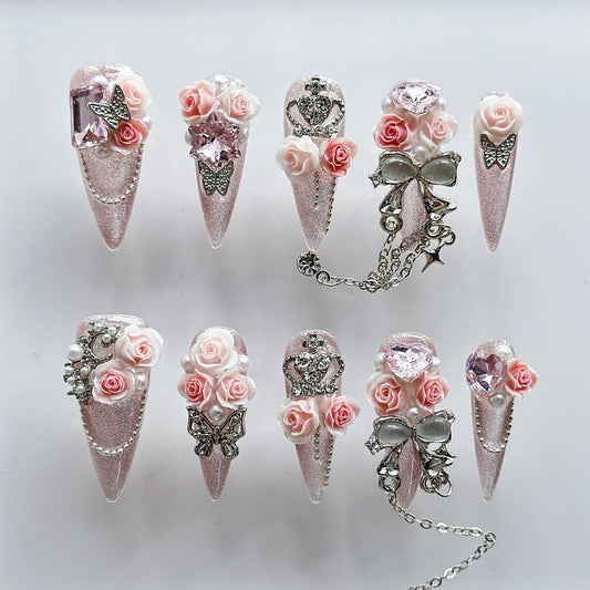 Luxury Press on Nails Long Almond Handmade 3D Unique Reusable ABS Material Fake Nails Pink Gothic False with Designs Glitter Bow Rhinestones Charms Glossy Glue on Nails Thick Acrylic Nails(M)