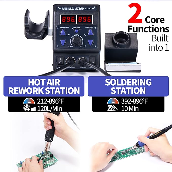 YIHUA 8786D I 2 in 1 Hot Air Rework and Soldering Iron Station with 10 Solder Iron Tips, 4 Hot Air Nozzles, °F /°C, Cool/Hot Air Conversion and Sleep Function