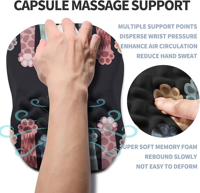 Gleamtide Ergonomic Raised Mouse Pad Wrist Support with Bilateral Slope Memory Foam Mousepad for Wrist Rest and Carpal Tunnel Pain Relief 11.8x7.9〃Cat Claws