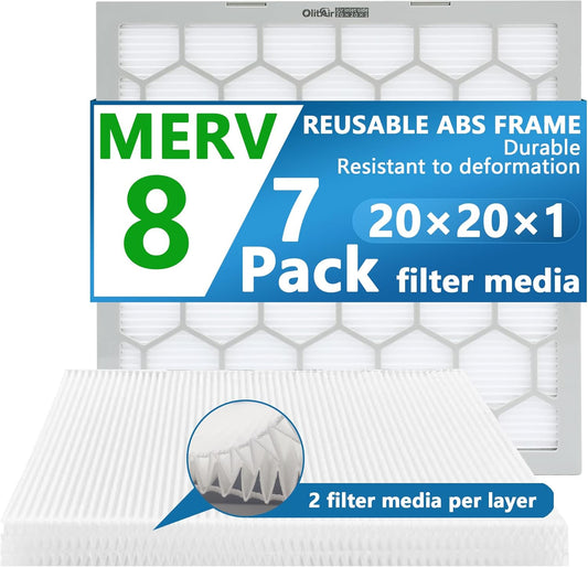 Skiennix 20x20x1 MERV 8 Air Filter - Reusable ABS Plastic Frame | 7 Pack Replaceable Media (19.61" x 19.61" x 0.78")