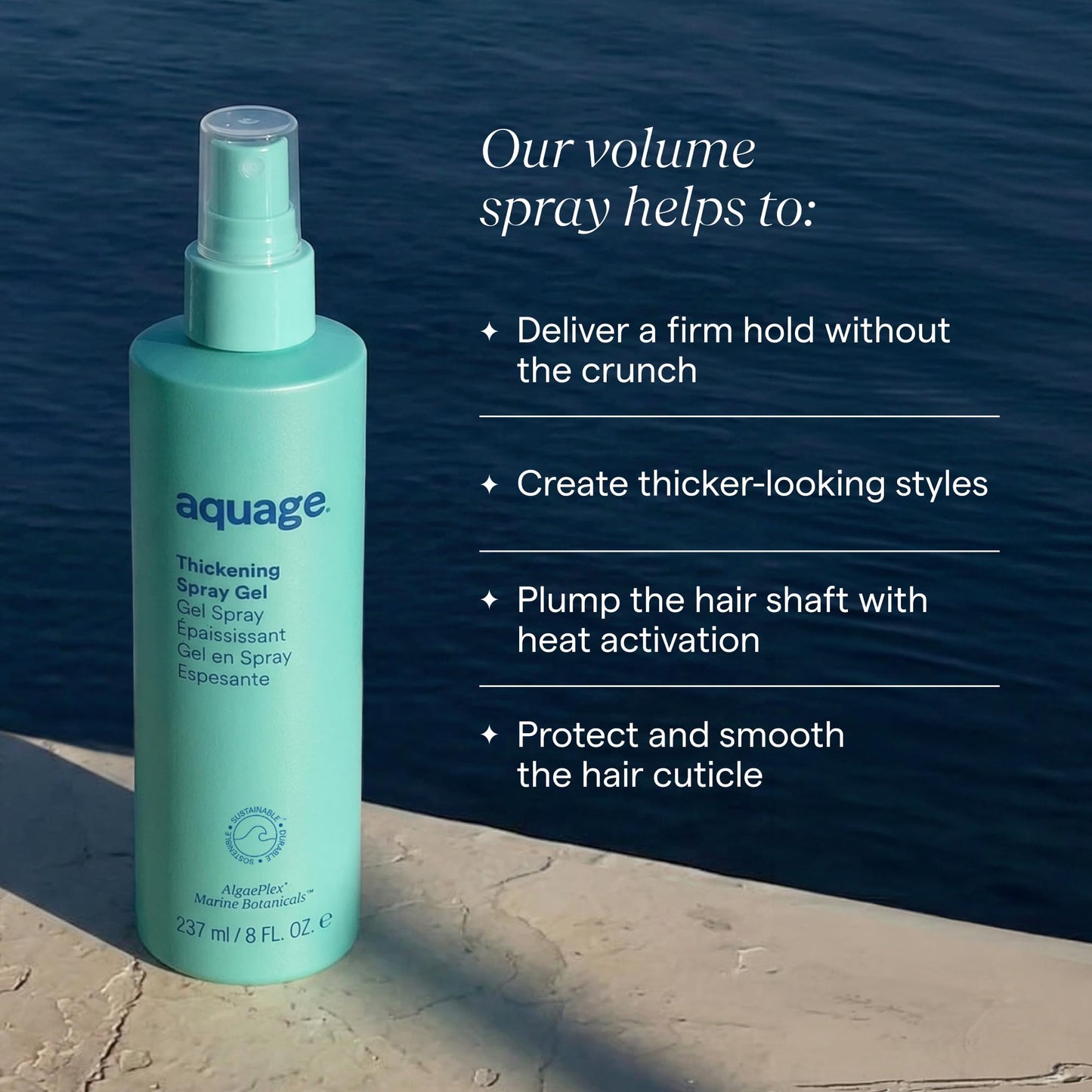 Aquage Thickening Spray Gel - Firm Hold Heat-Activated Volume Spray with Ultraflex Technology & AlgaePlex - Plumps Fine, Thin Hair for Volume & Climate-Resistant Body (8 oz)