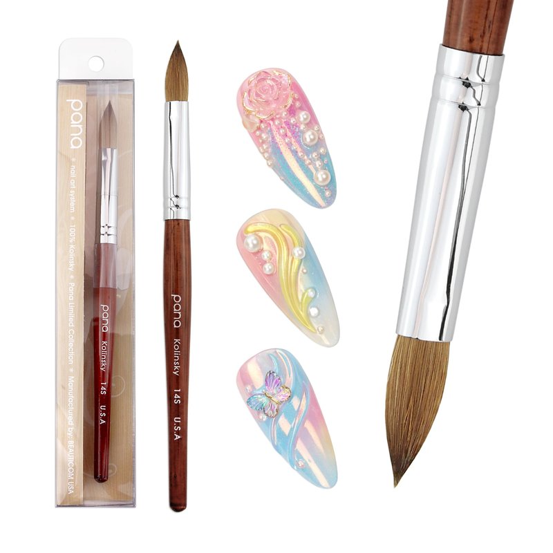 PANA Pure Kolinsky Hair Acrylic Nail Brush - Oval Crimped Shape Silver Ferrule with Mahogany Wood Handle (Size 14)