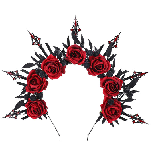 COSUCOS Black Red Rose Headband - Zip Tie Cross Spiked Halo Crown Renfaire Fantasy Floral Headpiece Sunburst Evil Gothic Headband for Women Renaissance Cosplay Costume Halloween Party