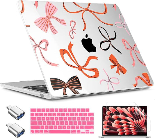 TWOLSKOO Compatible with M4 MacBook Air 15 inch Case 2025-2023 Released Model M4 A3241 M3 A3114 M2 A2941, Plastic Hard Shell & Screen Protector & Keyboard Cover & Type C Adapter, Red Bows