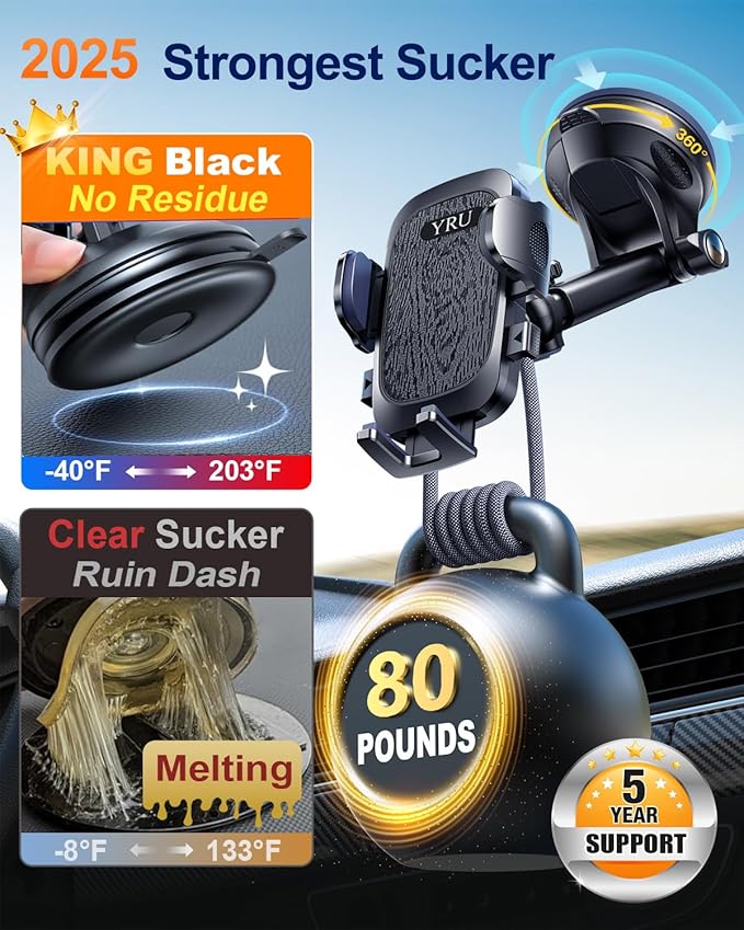 YRU True Military-Grade [360° Rotation Suction] 2026 Ultimate Car Phone Holder Mount 【90+LBS Safest Strongest & Patent Certs】 Dashboard Windshield Vent for iPhone 17 16 Pro Max Samsung, Jet Black