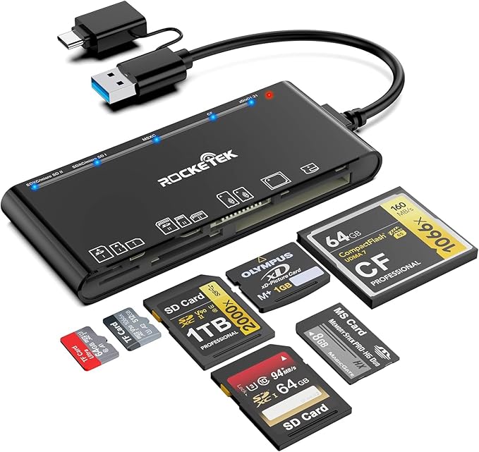 xD-Picture Card Reader USB 3.0, Memory Card Reader for xD/CF/MS/SD/TF Card - 7-in-1 Card Reader/Adapter for Windows, Mac, iOS, Android(USB-A + USB-C)