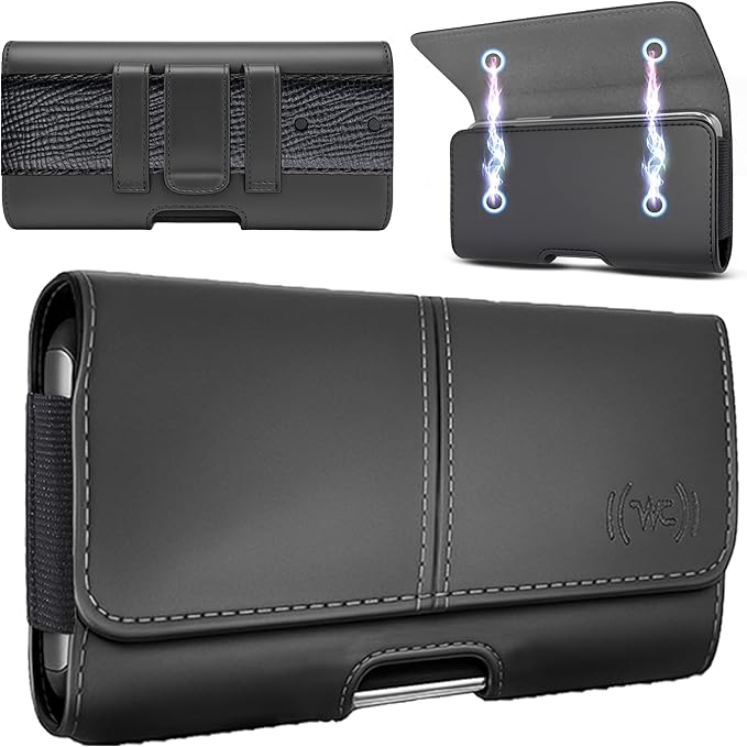 Wireless City Large Leather Phone Holster for iPhone 16/15/14 Plus, iPhone Air 2025, 11 Pro Max, XS Max, Horizontal Belt Clip & Loop Phone Pouch, Magnetic Closure Belt Holder for Men & Women (Black)