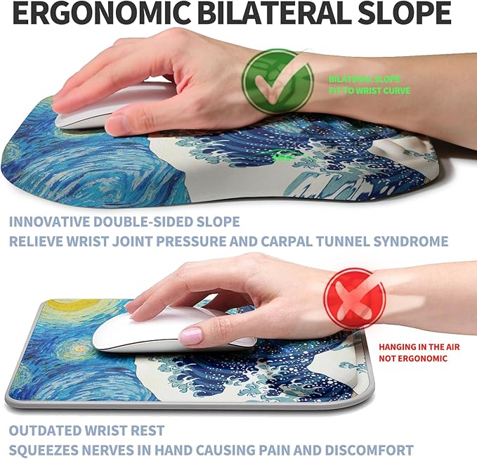 Gleamtide Ergonomic Raised Mouse Pad Wrist Support with Bilateral Slope Memory Foam Mousepad for Wrist Rest and Carpal Tunnel Pain Relief 11.8x7.9〃Starry Night Waves