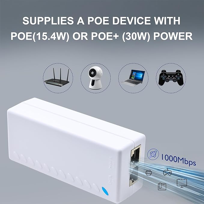 Gigabit PoE+ Injector Adapter – Converts Non-PoE to PoE+ (802.3af/at), Delivers 15.4W / 30W Ethernet Power, Plug & Play, Up to 328ft (100m) Range, White – Ideal for IP Cameras, VoIP Phones & More