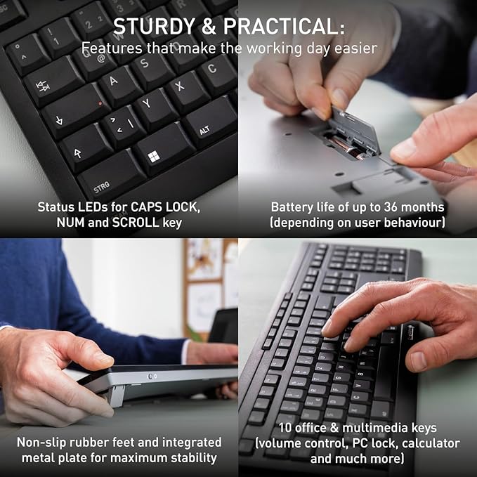 Cherry Stream Desktop Comfort, Wireless Keyboard and Mouse Combo, 2.4 GHz Connection, Whisper-Quiet Keys, Ergonomic Right-Handed Mouse, Battery-Powered, Black