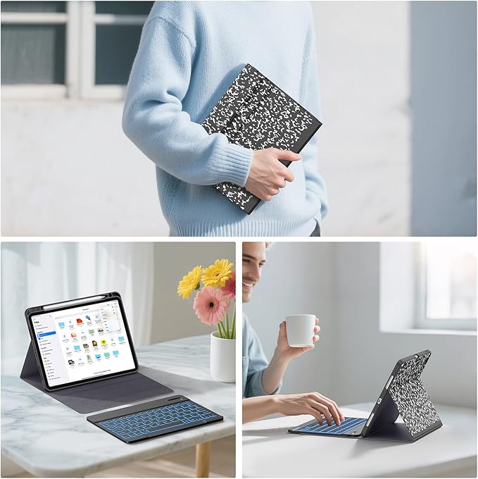 Supveco Keyboard Case for iPad Air 11 Inch (M4 2026,M3 2025,M2 2024),iPad Air 5th/4th Generation with Pencil Holder-7 Colors Backlit Wireless Detachable Folio Keyboard Cover -Black