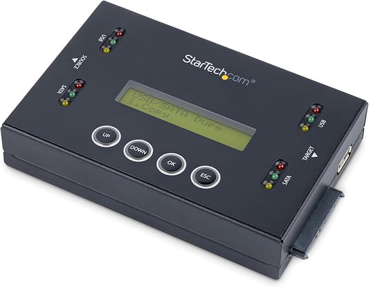 StarTech.com 1:1 Standalone Hard Drive and USB Thumb Drive Duplicator/Eraser, USB Flash and SATA HDD/SSD Disk Cloner/Copier and Wiper, Toolless Sanitizer, LCD Display, TAA Compliant (SU2DUPERA11)