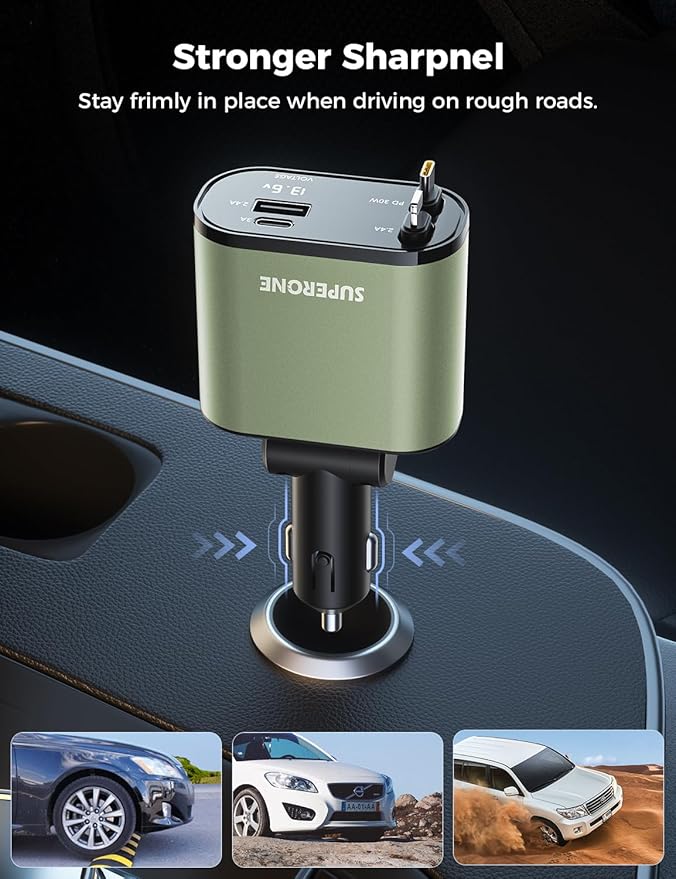 SUPERONE 5 in 1 Retractable Car Charger with Dual Type C Cables, 90W Fast Charging USB C Car Accessories Adapter for iPhone 17/16/15/14/13/12, iPad, Galaxy, Pixel