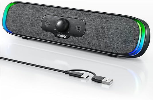 SOULION Computer Speakers, USB C/USB Powered PC Speaker with Colorful LED Lights, Plug-N-Play Wired Bluetooth Sound bar with Rotary Control for Desktop Laptop Monitor Office Work Music Black