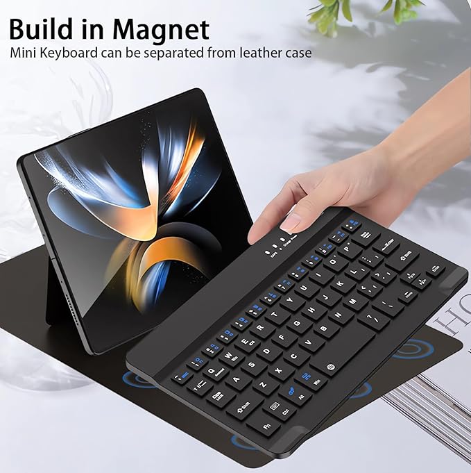 voppton for Samsung Galaxy Z Fold 7 6 5 Keyboard and Mouse, Portable Mini 7.9 inch Bluetooth Keyboard with Leather Stand Case and Pen, 4 in 1 Travel Set for Z Trifold Fold7 Accessories,Black