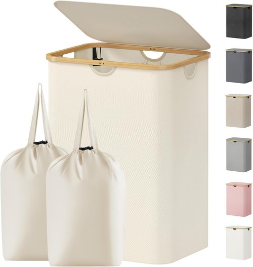 Lifewit 150L Laundry Basket - Foldable Hamper with Lid & Bamboo Handles | White, Large Size