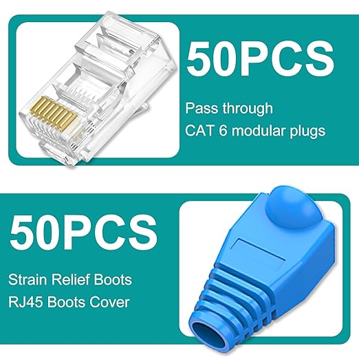 Brileine UTP RJ45 Connectors, Cat6 RJ45 Pass Through Plugs 50-Pack, Cat6 RJ45 Plugs with 50-Pack Strain Relief Boots for Solid or Standard Ethernet Cables, Transparent