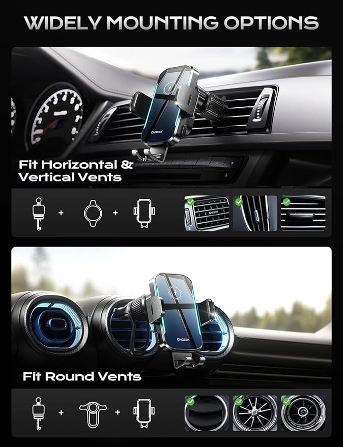 CHGeek Wireless Car Charger, 15W Fast Charging Auto-Clamping Phone Mount, Air Vent Holder with Blue LED for iPhone 17/16/15/14/13, Samsung S24/S23/S22 (Knight Black)