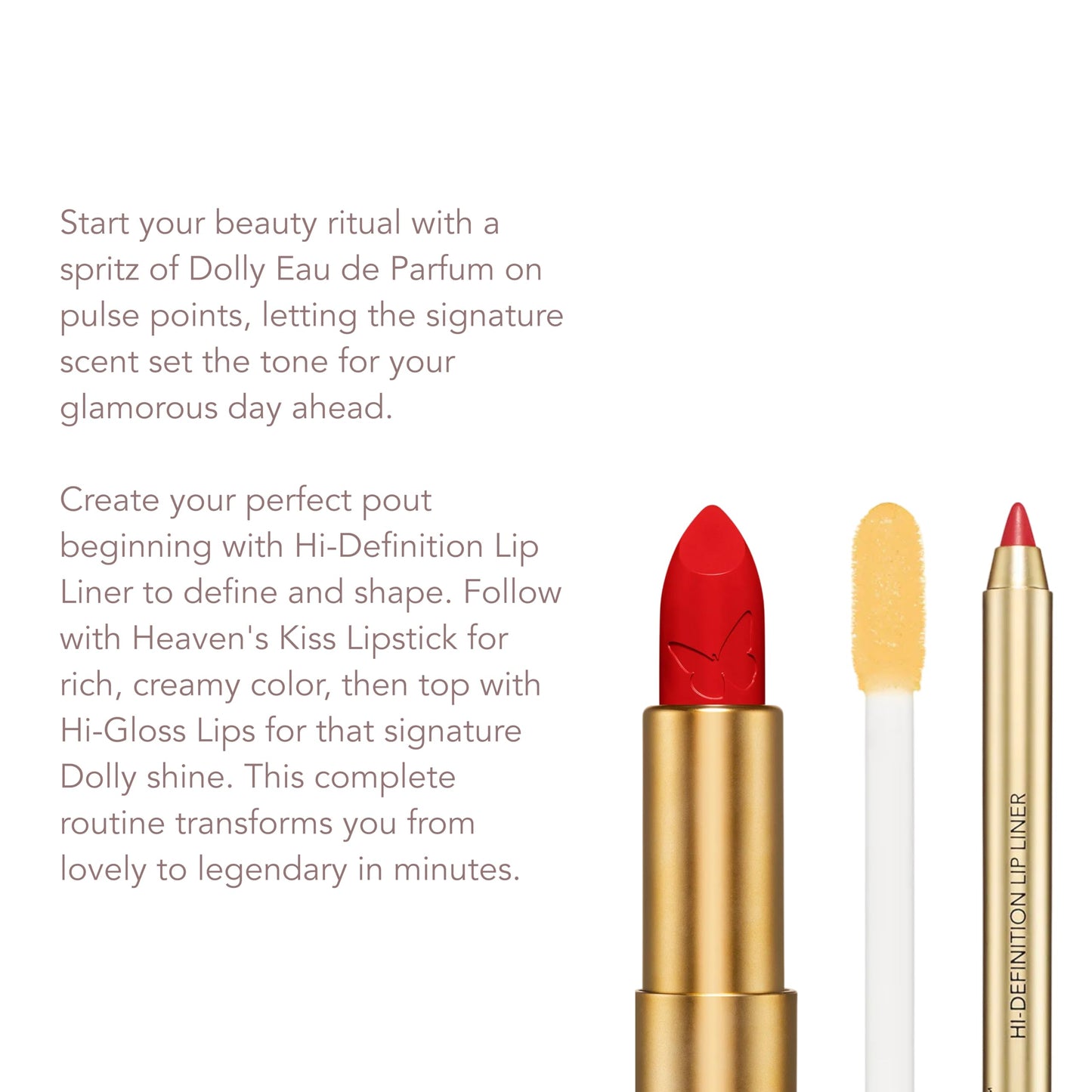 Dolly Beauty Jolene Red Lip Bundle - Heaven's Kiss Lipstick in Jolene Red, Hi-Gloss Lips Lip Gloss in Gold Dust, and Hi-Definition Lip Liner in Ruby - 3 Pack