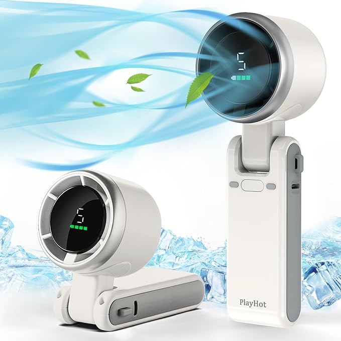 PlayHot Portable Handheld Turbo Fan, 5 Gear Wind, USB-C Rechargeable Fan, Up to 12 Working Hours, 3 IN 1 Hand Fans with Air Turbo Tech Cooling Fan for Outdoor Activities, Travel, Beach (White)