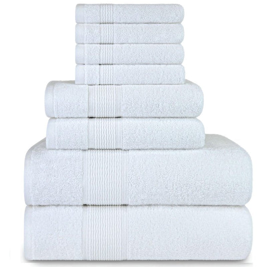 DecorRack 8 Piece Towel Set, Cotton, Highly Absorbent, Super Soft, Quick Dry, 4 Washcloths (13"x13"), 2 Bath Towels (27"x54"), and 2 Hand Towels (16"x28"), White (Set of 8)