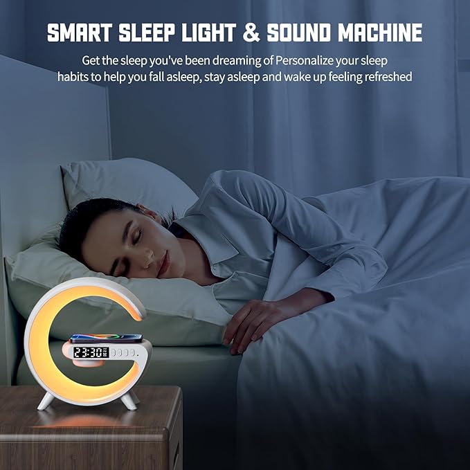 XCDIFA Mini LED Table Lamp with 4-in-1 Wireless Charger, Night Light, Sunrise Alarm Clock, Bluetooth Speaker, Smart Atmosphere Table Lamp for Bedroom, Office, Home Decor (Black)