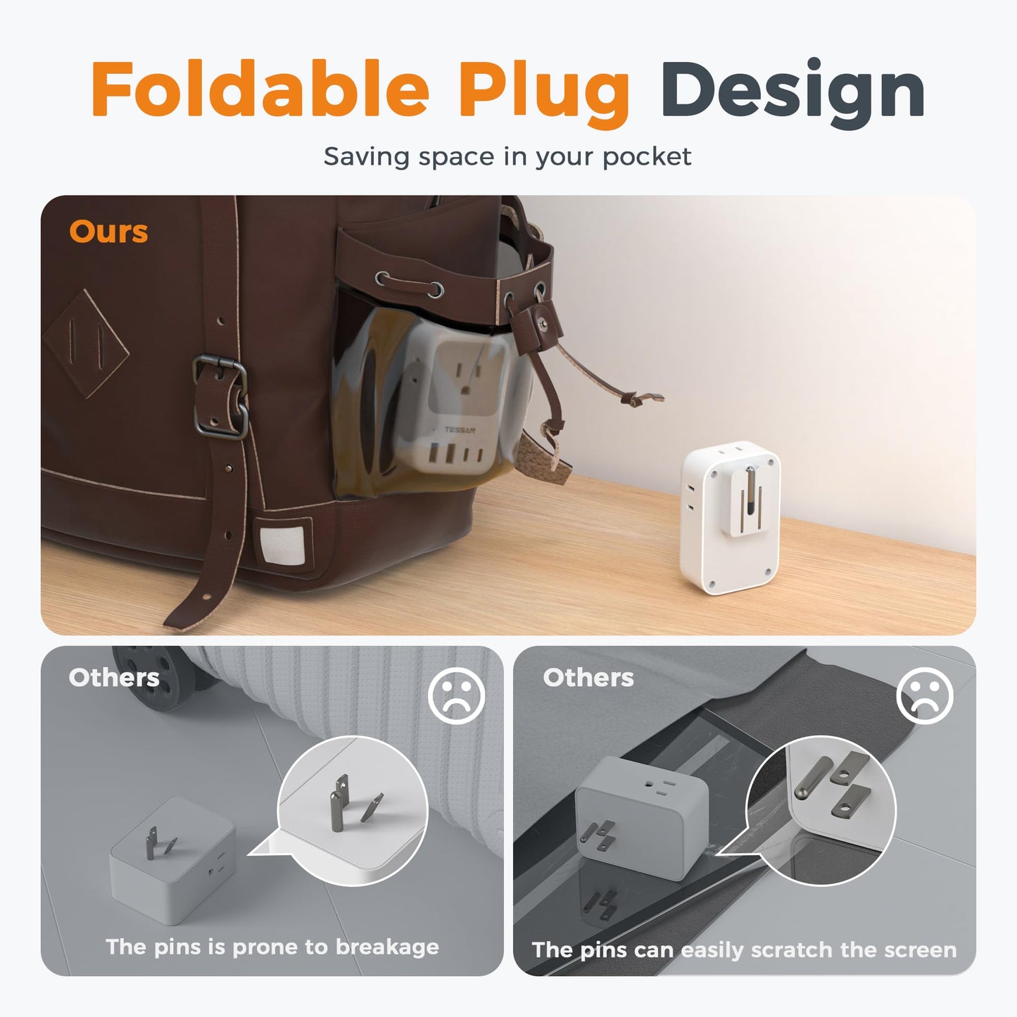 TESSAN USB C Charger Block 20W PD, Fast Charging Adapter with Foldable Plug, 1875W Power Outlet Extender(4 AC and 4 USB) for Cruise, Home, Office, Dorm Room Essentials, Grey
