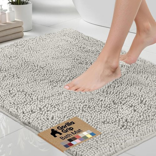 GORILLA GRIP Bath Rug Mat - Soft Absorbent Chenille | Quick Dry Microfiber, 42x24, Light Gray