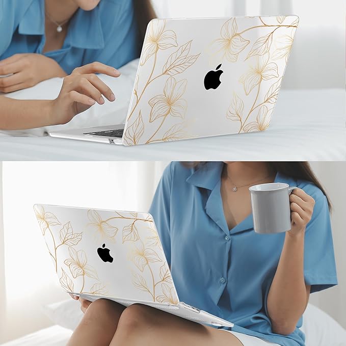 Mektron for 2026 MacBook Air 13-inch M5 Laptop Case A3449 with 13.6-inch Liquid Retina Display Fits 2025 A3240 M4 2024 A3113 M3 2023 A2681 M2 Printed Shell for MacBook Air 13.6", Gold Flower S718