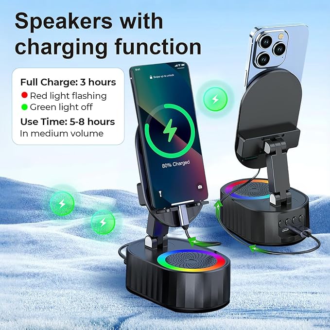 AKLLCCR Wireless Induction Audio Bluetooth Speaker 5in1 Phone Holder Emergency Rechargeable (3000mAh) with Colorful Ambient Light 300° Foldable for Tablet iPhone Android, Gifts for Men Women (Black)