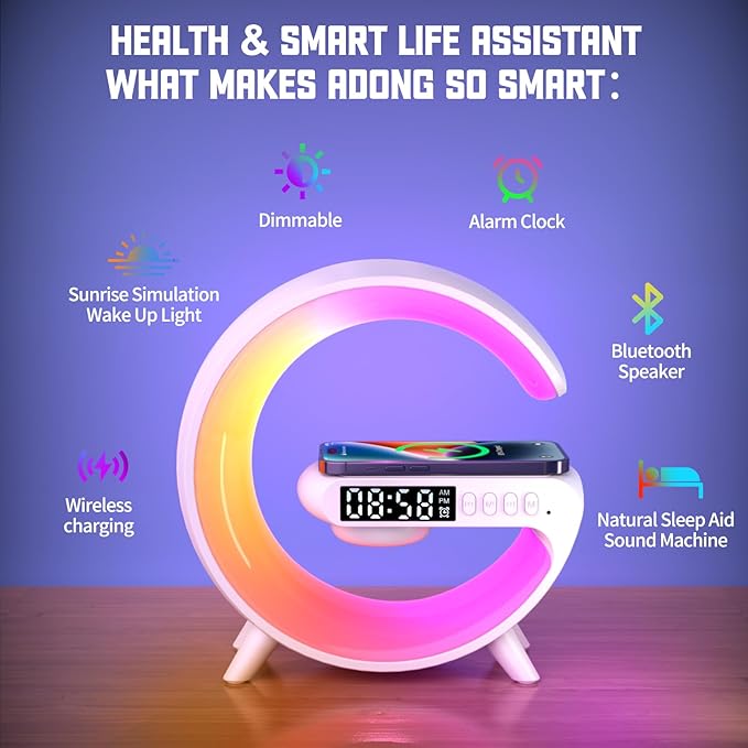 XCDIFA Mini LED Table Lamp with 4-in-1 Wireless Charger, Night Light, Sunrise Alarm Clock, Bluetooth Speaker, Smart Atmosphere Table Lamp for Bedroom, Office, Home Decor (Black)