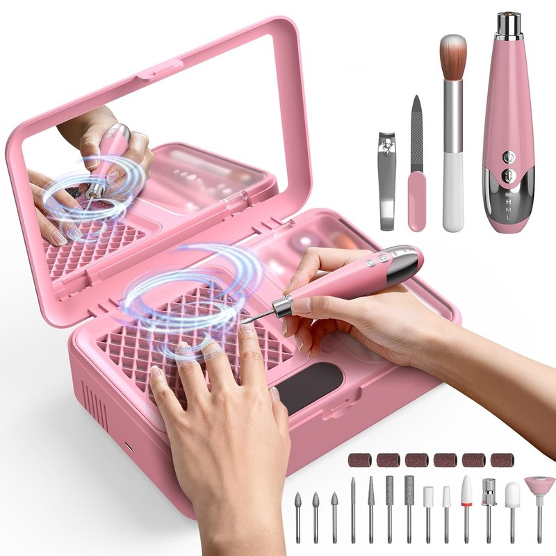 Nail Dust Collector & Cordless Electric Nail Drill Kit | Professional Manicure & Pedicure with 13 Bits - Pink