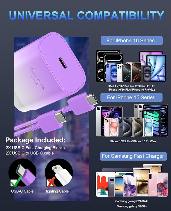 Phone 17 16 15 Charger Fast Charging,30W USB C Phone 17 16 15 Pro Max Charger Block&10FT Long Type C Cable Cord for i.Phone 17/17 Air/17 Pro/17 Pro Max/16/16 ProMax/15/15 Pro Max,Purple Gradient
