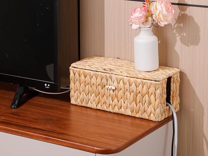 Coeusy Cable Management Box,Hand-Woven Water Hyacinth Decorative Cord Organizer,2 Side Open Slots Wicker Cable Box to Hide Cords and Power Strip,for Desk, Floor, Office,2 Pack