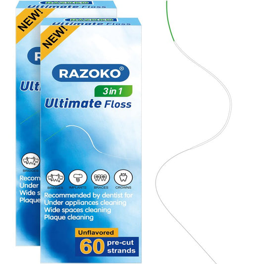 RAZOKO 3-in-1 Floss for Braces, 120 Pre-Cut Strands | Floss Threaders, Spongy & Regular Floss for Bridges & Wide Gaps (Pack of 2)