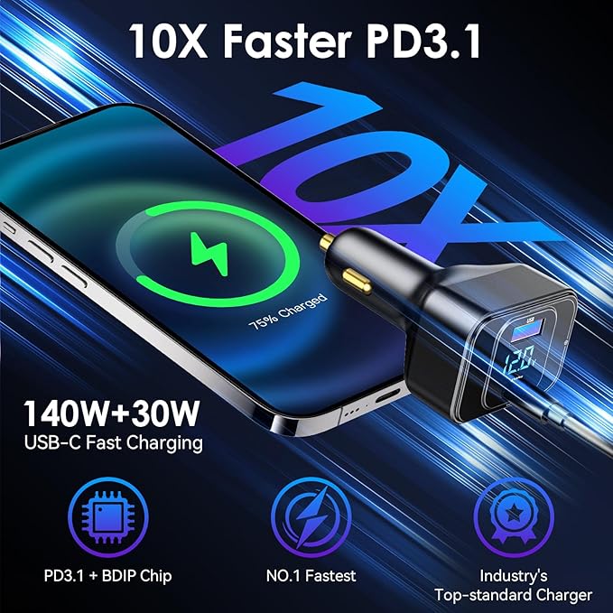 Ushigoo Fast Car Charger for iPhone 17 Sumsung Fast Charging Cigarette Lighter Adapter Accessories, Multi Device Family Travel Road Trip Essentials, 170W USB C 12V-24V 140W PD3.1, LED Display