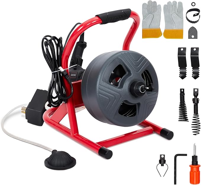 GARVEE Drain Cleaner Machine, 50 ft X 5/16 in Professional Automatic Electric Drain Auger for 3/4 to 3 in Pipes, Portable Electric Drain Snake with 6 Cutters & Foot Switch and Pair of Gloves