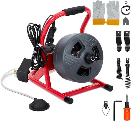 GARVEE Drain Cleaner Machine, 50 ft X 5/16 in Professional Automatic Electric Drain Auger for 3/4 to 3 in Pipes, Portable Electric Drain Snake with 6 Cutters & Foot Switch and Pair of Gloves